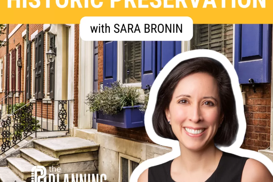 Graphic with Sara Bronin headshot superimposed on photo of historic rowhouse building and "Historic Preservation with Sara Bronin" text